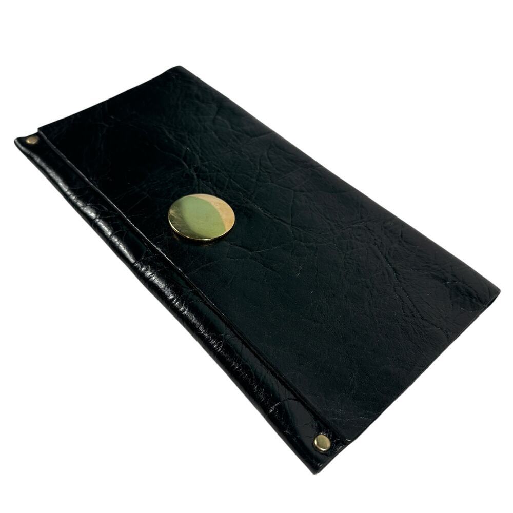 Moss Mills Antique Black Leather Fold Over Clutch‎ Gold Medallion Studs Wallet